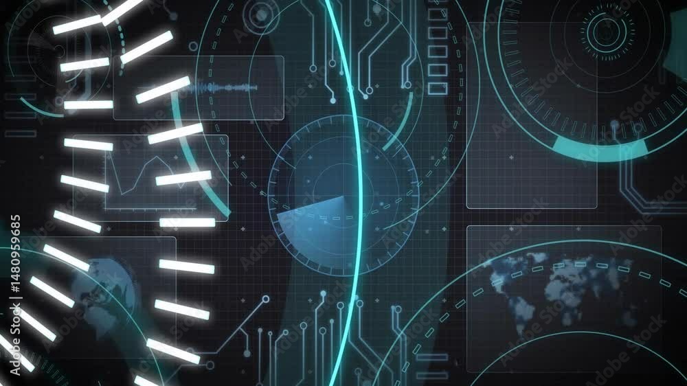 Poster tech team exploring console interface, showcasing circular gauges and animated data overlays