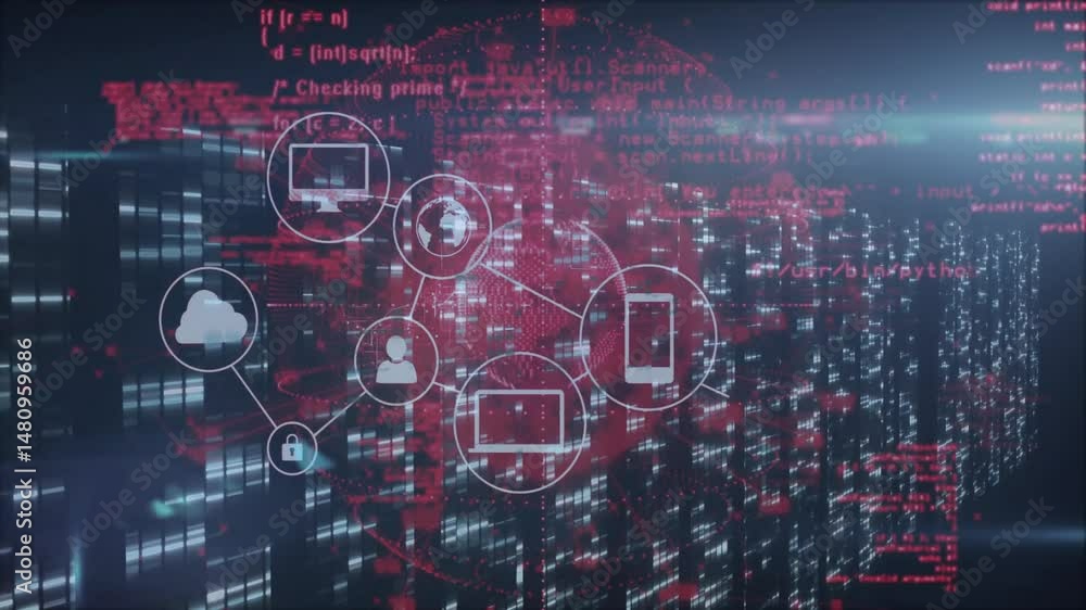 Poster network security interface showing monitor smartphone cloud lock icons over blinking server racks