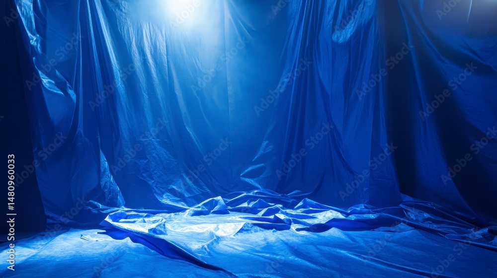 Poster dramatic blue fabric backdrop with lighting, folds, and wrinkles, creating a moody atmosphere.