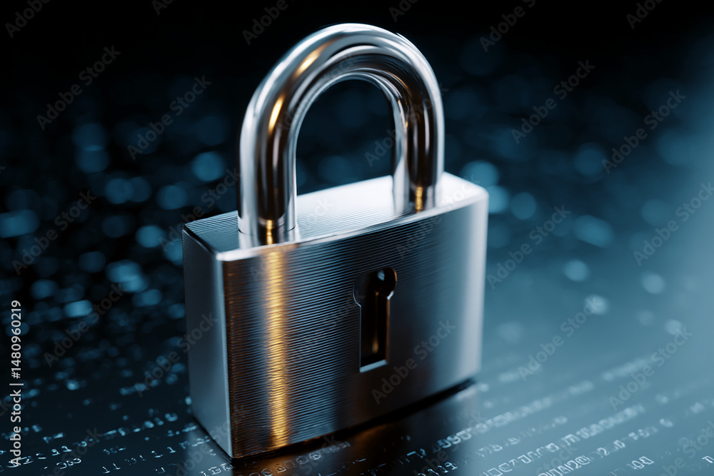 Poster close-up of metallic padlock on dark background with blurred code, symbolizing digital security and 