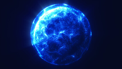 Electric blue glowing sphere formed by dense particles on dark background, symbolizing digital energy or futuristic data flow