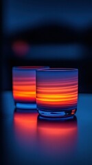 Two glass tumblers, vibrant sunset colors, illuminated