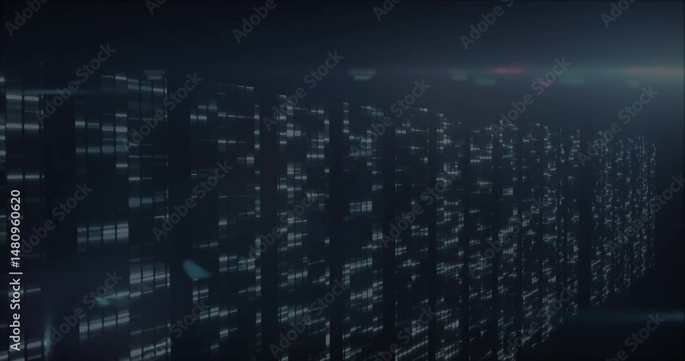 Poster 3d render showing data center server racks displaying blinking blue and white leds on glossy floor