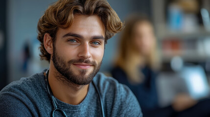 Healthcare Professional Portrait: Smiling physician with stethoscope in a modern clinic environment.