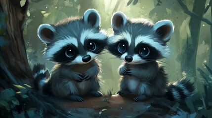 Obraz premium Adorable Baby Raccoons Forest Friends Cute Wildlife Digital Art Illustration duo fur pair dark tail 