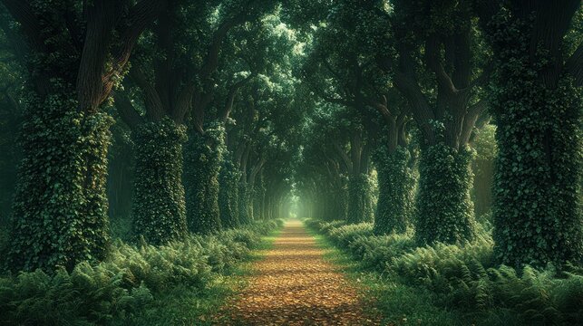 Misty forest path, lush green trees, winding walkway - Powered by Adobe