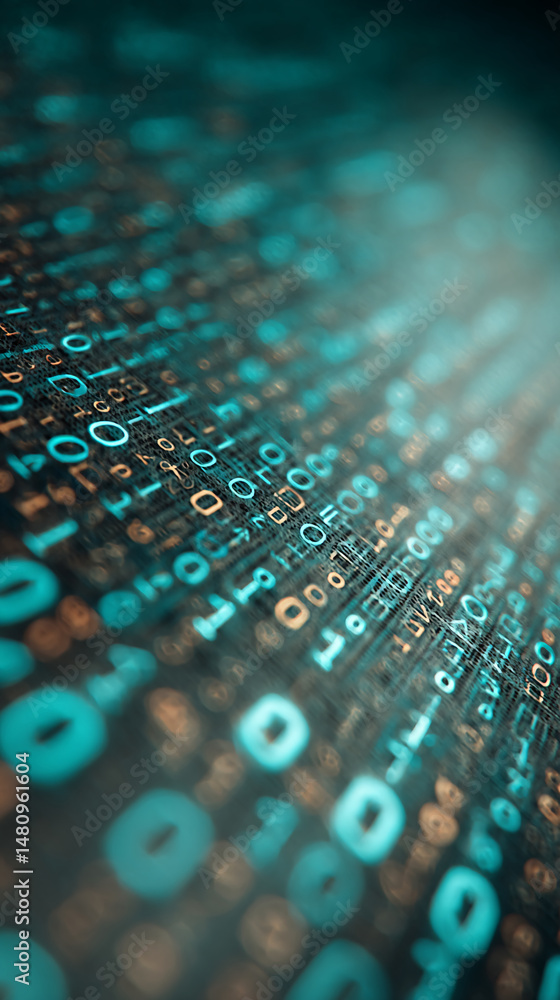 Poster abstract image of teal and orange binary code, creating a digital, technological texture suitable fo