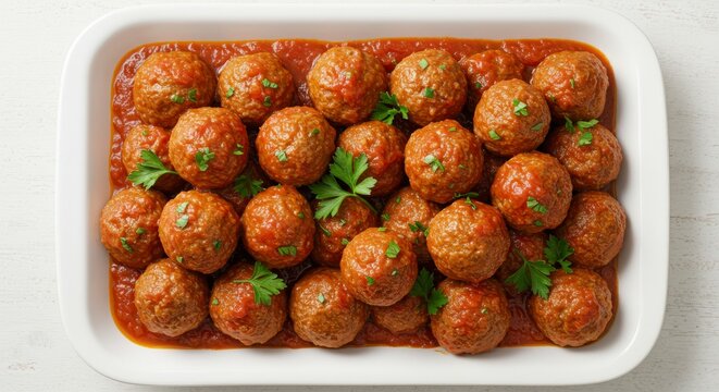 Meatballs in Tomato Sauce on a White Tray with Fresh Parsley from Top View for Culinary Dinner