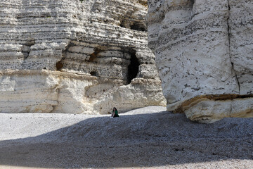 Portrait of a young girl with a mobile phone near the sea between the rocks.