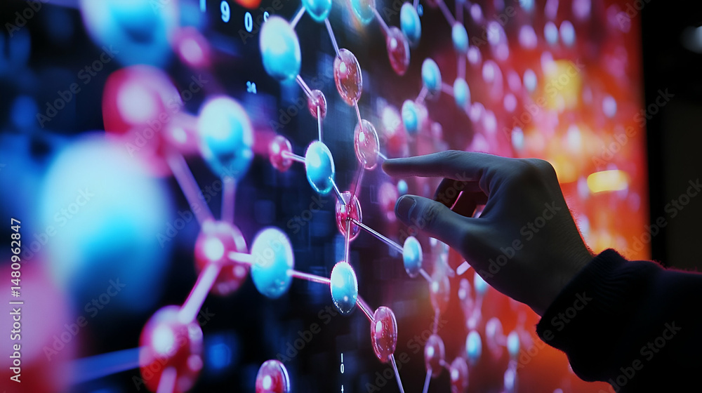 Poster hand interacting with a 3d molecular structure on a screen