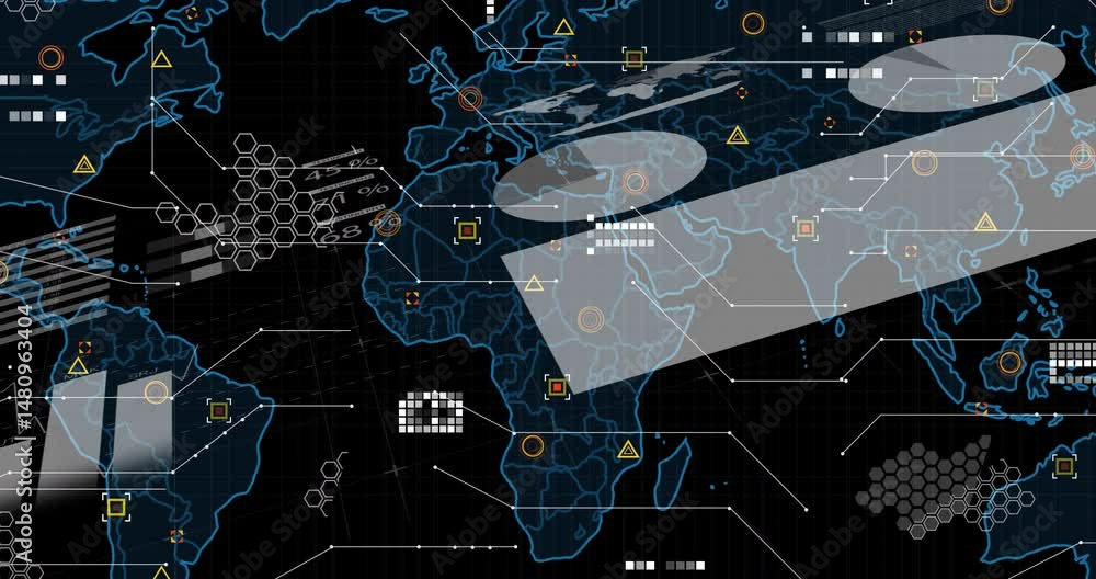 Aufkleber stylized world map being visualized on neon grid, featuring translucent bands and bright data icons