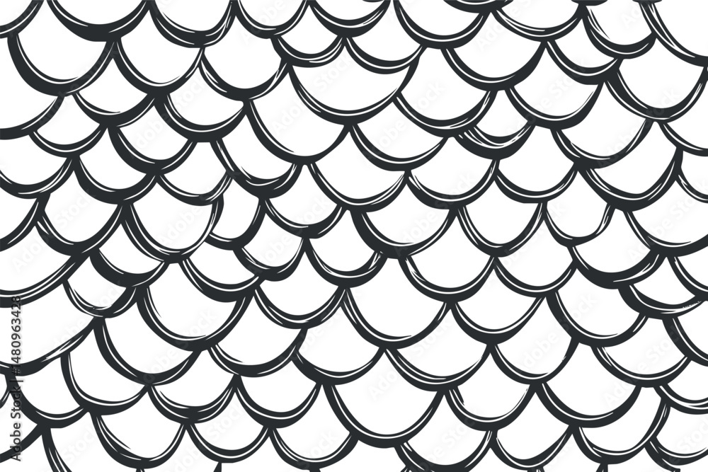 Aufkleber hand drawn seamless fish scale pattern in black and white with overlapping curved lines