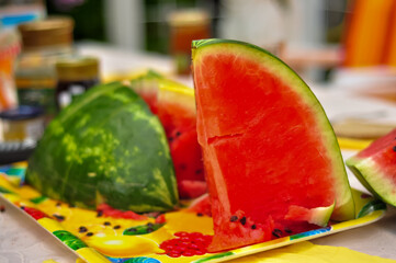 Freshly Cut Watermelon on Colorful Serving Tray