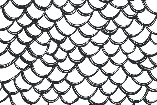 Hand drawn seamless fish scale pattern in black and white with overlapping curved lines