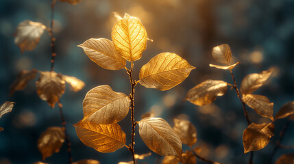 Golden Coin-Leaf Tree Growing Skyward with Velvet Backdrop and Cinematic Lighting, Baroque HDR Macro Photography
