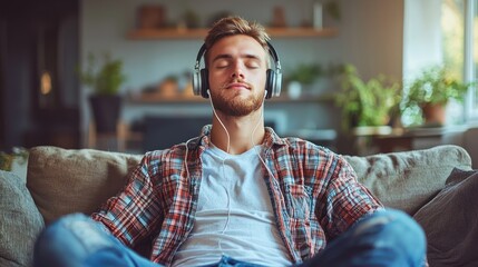 Obraz premium Relaxed young man listening to music at home.