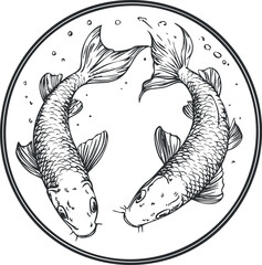 Black and white line art illustration of two koi fish swimming in a circular pattern with bubbles