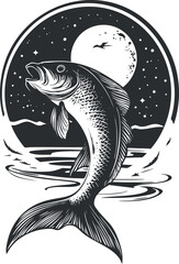 Black and white illustration of a fish jumping out of water at night with a full moon and bird in the background