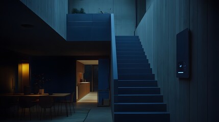 Obraz premium Modern Dark Blue Staircase Interior Design Night Scene