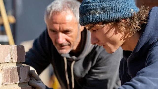 A mentor and young mason collaboratively working on brickwork, showcasing mentorship in craftsmanship, skill-sharing, and the art of construction.