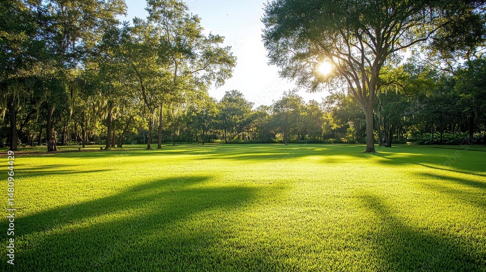 Poster sunlit green park lawn with large trees casting shadows.