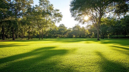 Obraz premium Sunlit green park lawn with large trees casting shadows.