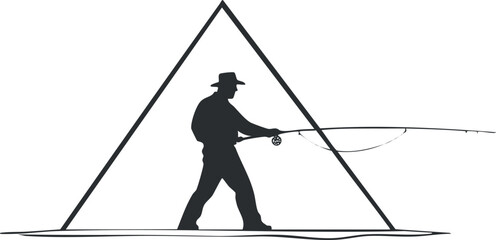 Silhouette of a man fishing with a rod casting a line outdoors, symbolizing recreational fishing activity.