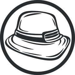 Black and white illustration of a stylish fedora hat with a decorative band inside a circle
