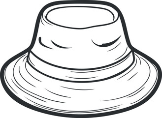 Black and white outline sketch of a bucket hat headwear for fashion and sun protection