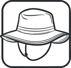 Black and white line drawing of a wide brim sunhat with chin strap in a square frame icon style