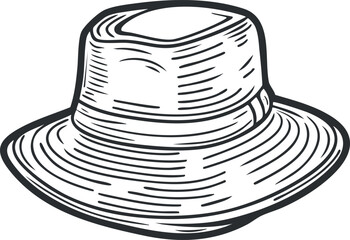 Hand-drawn black and white illustration of a classic wide-brim hat with textured lines and shading