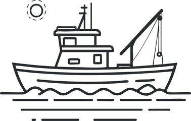 Obraz premium Black line drawing of a fishing boat on the sea with the sun overhead, representing maritime industry and nautical transport.