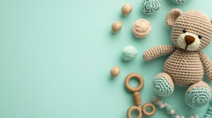 Handmade crochet teddy bear toy with pastel yarn balls and wooden teether on mint background.