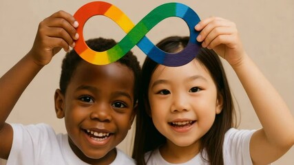 Two happy children, representing different ethnicities, smile while holding a rainbow infinity symbol for autism awareness. Concept of: Autism acceptance. - Powered by Adobe