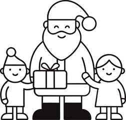 Santa Giving Gifts to Kids Line Art Illustration.