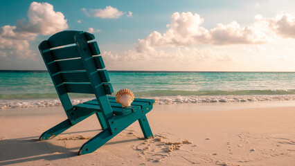 Turquoise beach chair with seashell on sandy shoreline vacation getaway