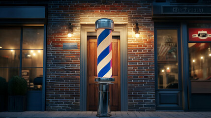 Illuminated Barbershop Pole at Night on Brick Street