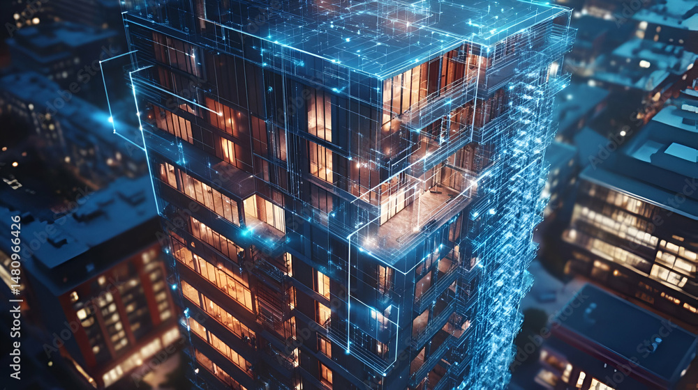 Poster illuminated modern skyscraper at night with digital data network
