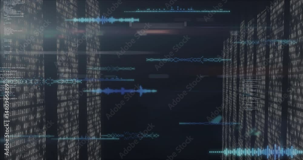 Poster animated data visualization showing vertical binary code streams moving over horizontal waveform