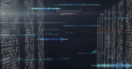 Animated data visualization showing vertical binary code streams moving over horizontal waveform - Powered by Adobe