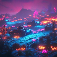 Obraz premium Neon landscape, armored vehicles, glowing flora.
