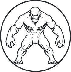 Black and white illustration of a muscular, fierce monster with claws and menacing expression inside a circle