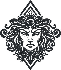 Stylized black and white abstract tribal face design with curly hair and geometric elements