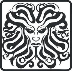 Black and white vector illustration of Medusa with snake hair from Greek mythology symbolizing danger and fear