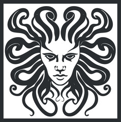 Black and white illustration of Medusa with snake hair from Greek mythology showing a fierce female face.