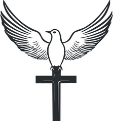 Fototapeta premium Vector illustration of a dove with spread wings perched on a Christian cross symbolizing peace and spirituality