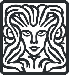 Black and white line art illustration of Medusa with snake hair representing mythical gorgon figure in ancient mythology
