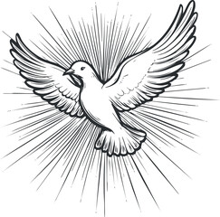 Black and white lineart illustration of a flying dove with wings spread and radiant light rays background symbolizing peace and freedom