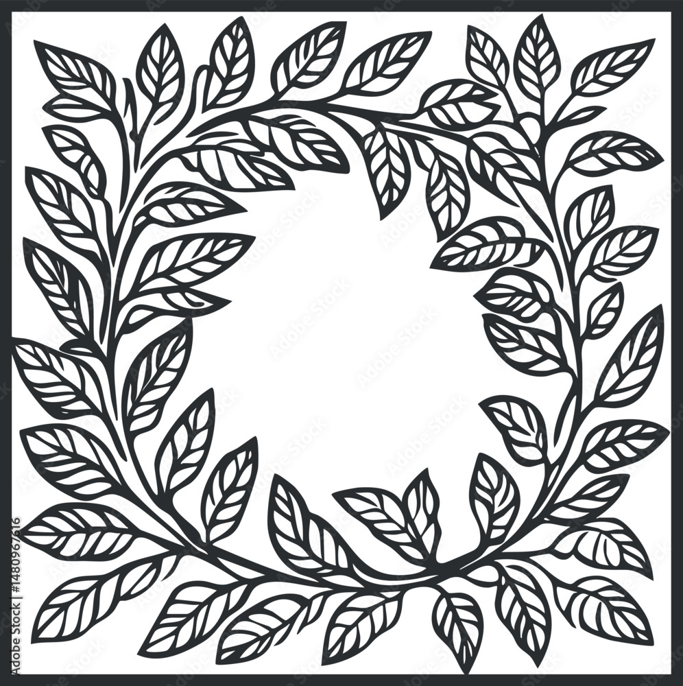 Poster black and white leaf wreath frame with detailed botanical branches and empty center space for design