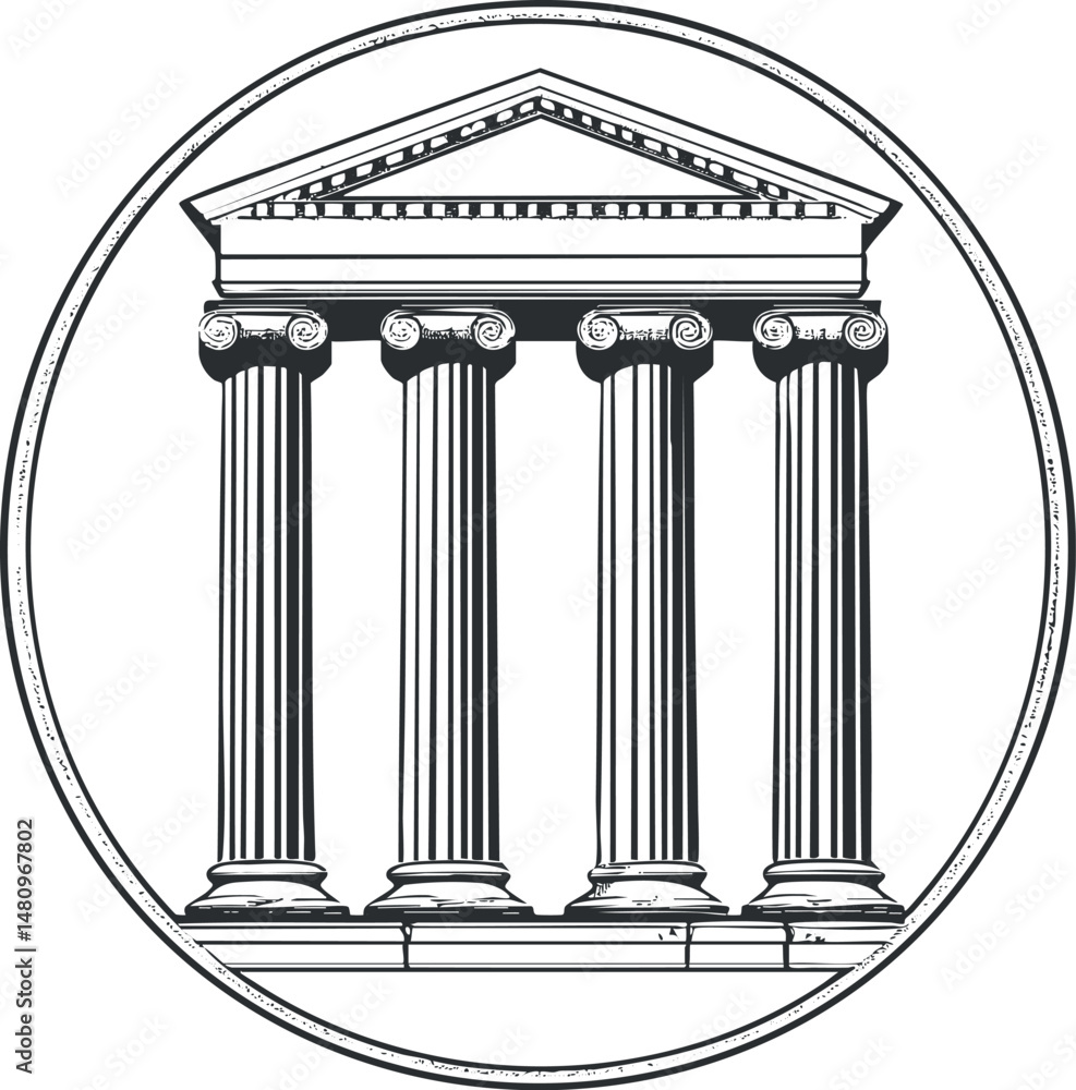 Poster black and white illustration of four classical stone columns with decorative capitals and a triangul